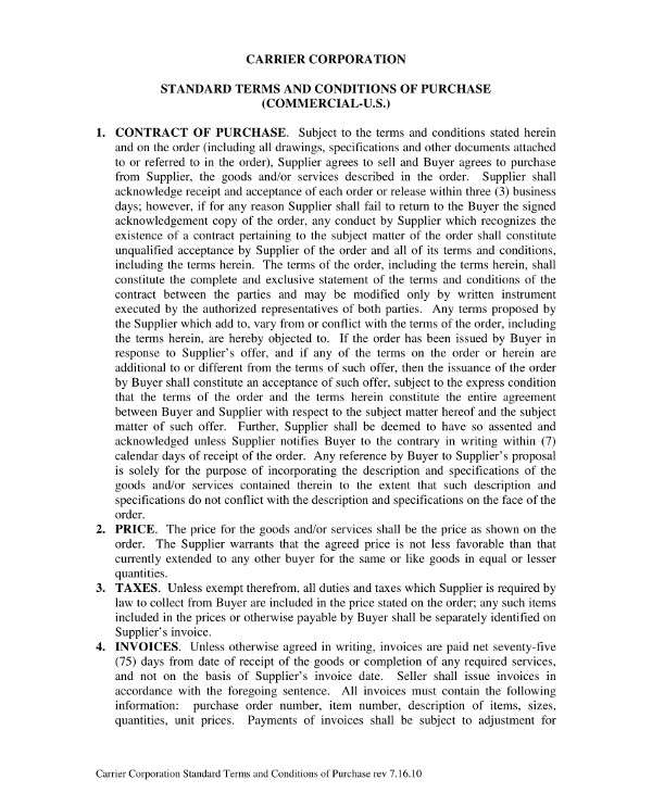 purchase agreement contract standard terms and conditions template example