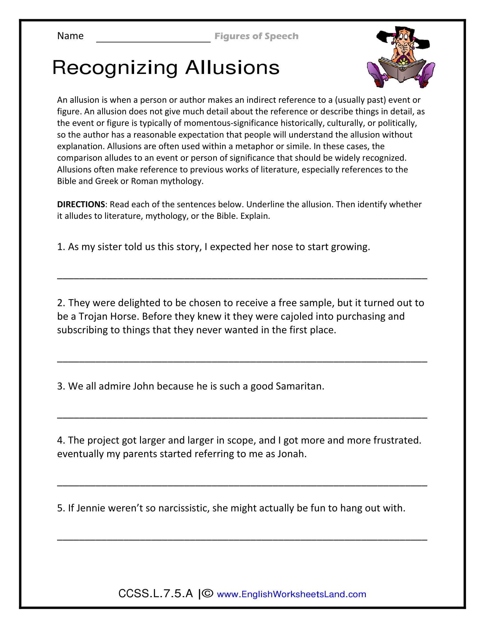 recognizing allusions worksheet example
