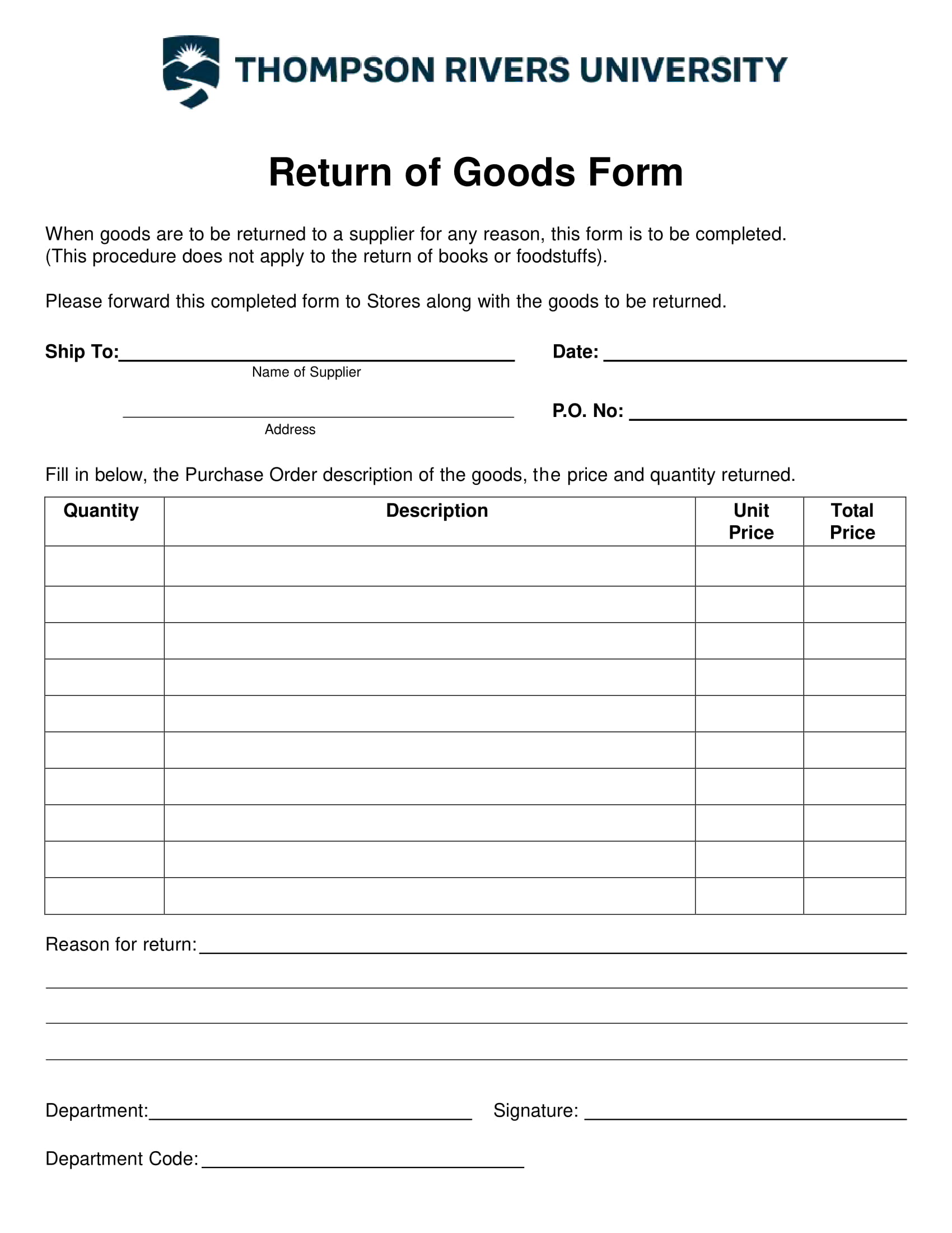 return of goods form for customer return reporting example 1