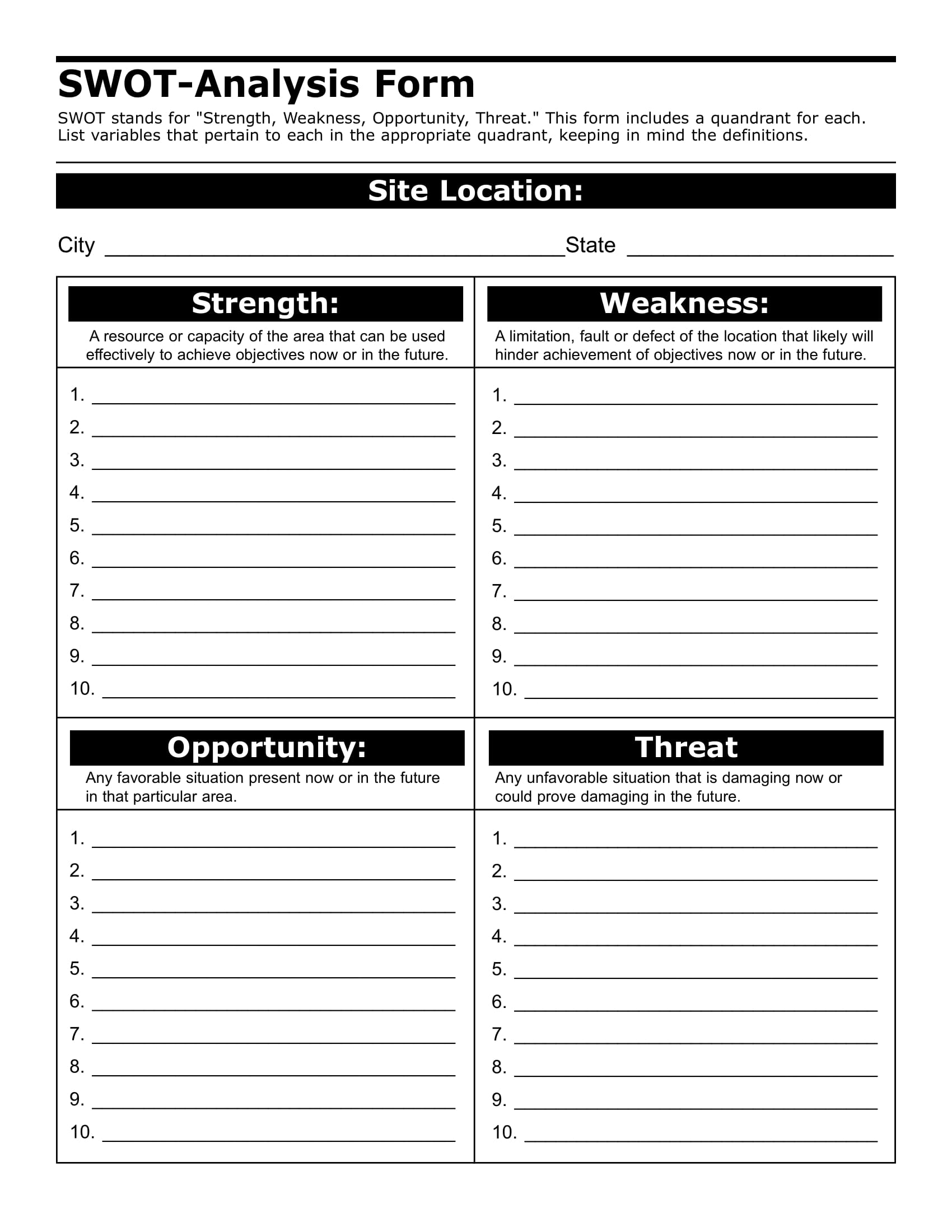 swot analysis chart form example 1