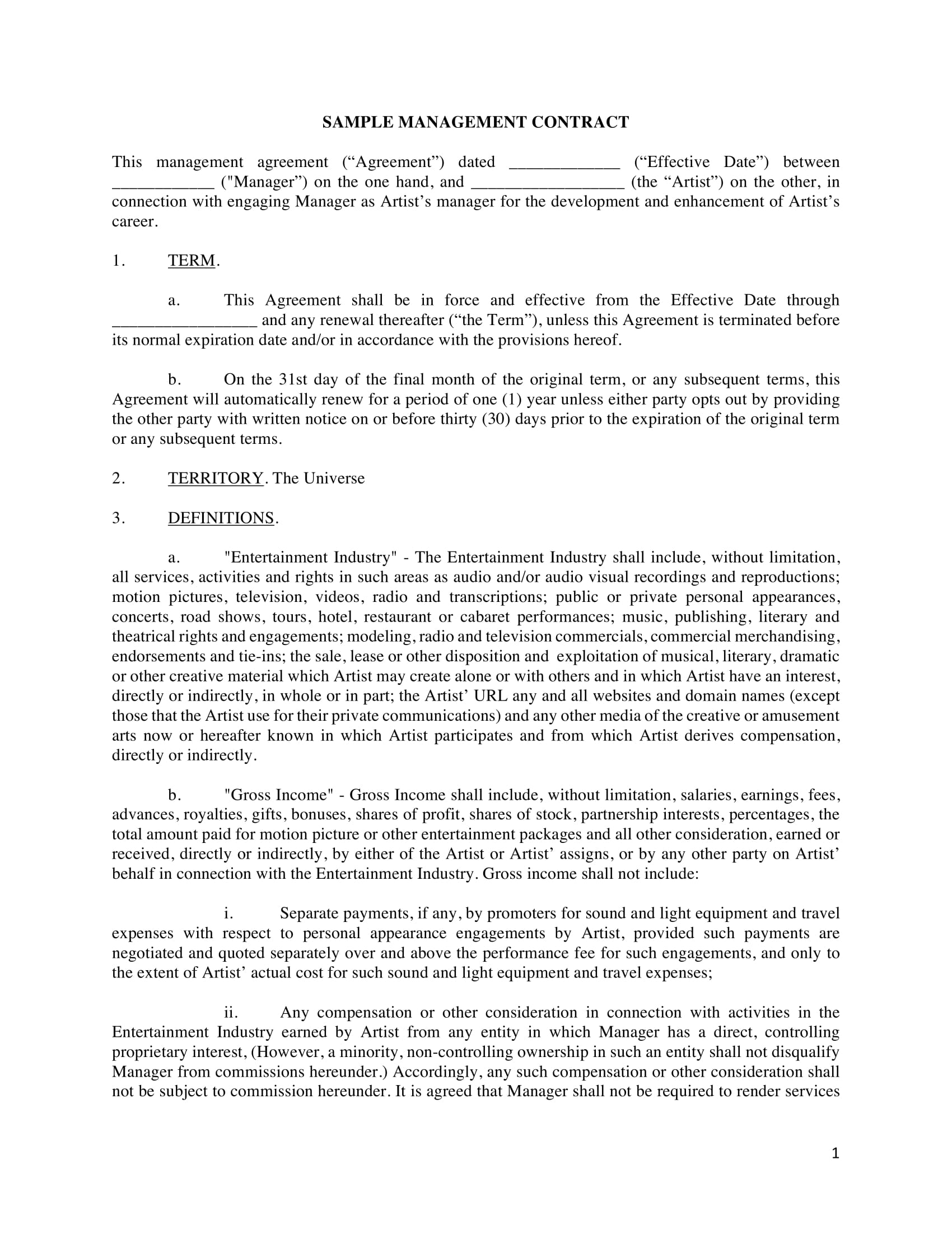 Talent Management Agreement Template