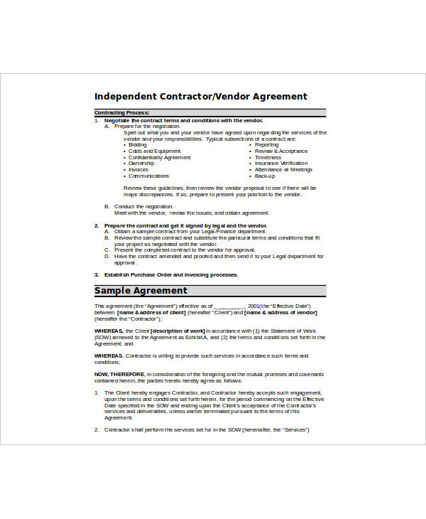 Sample Vendor Agreement