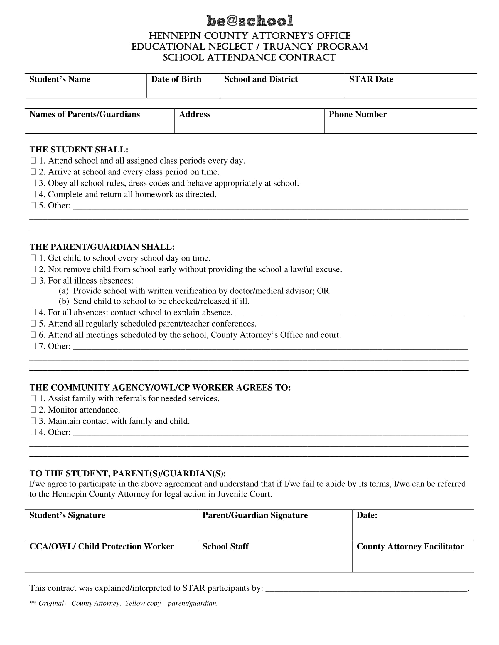 school contract template for student attendance agreement example 1
