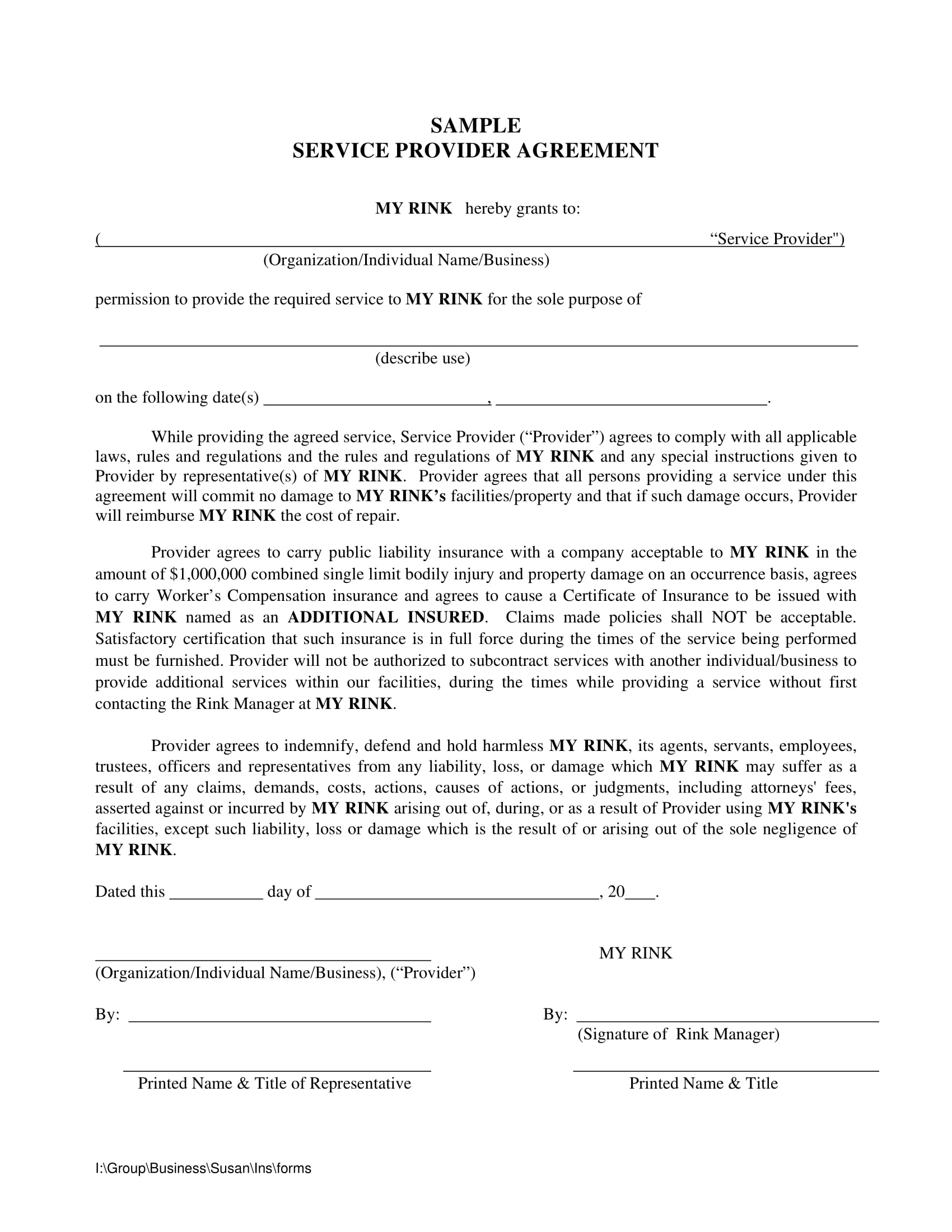 Service Provider Agreement Contract Template Example 1