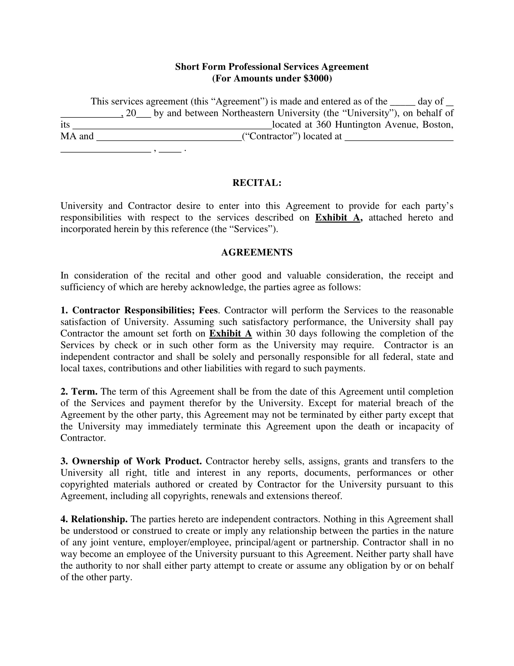 Short Form Professional Services Agreement Contract Template Example 1