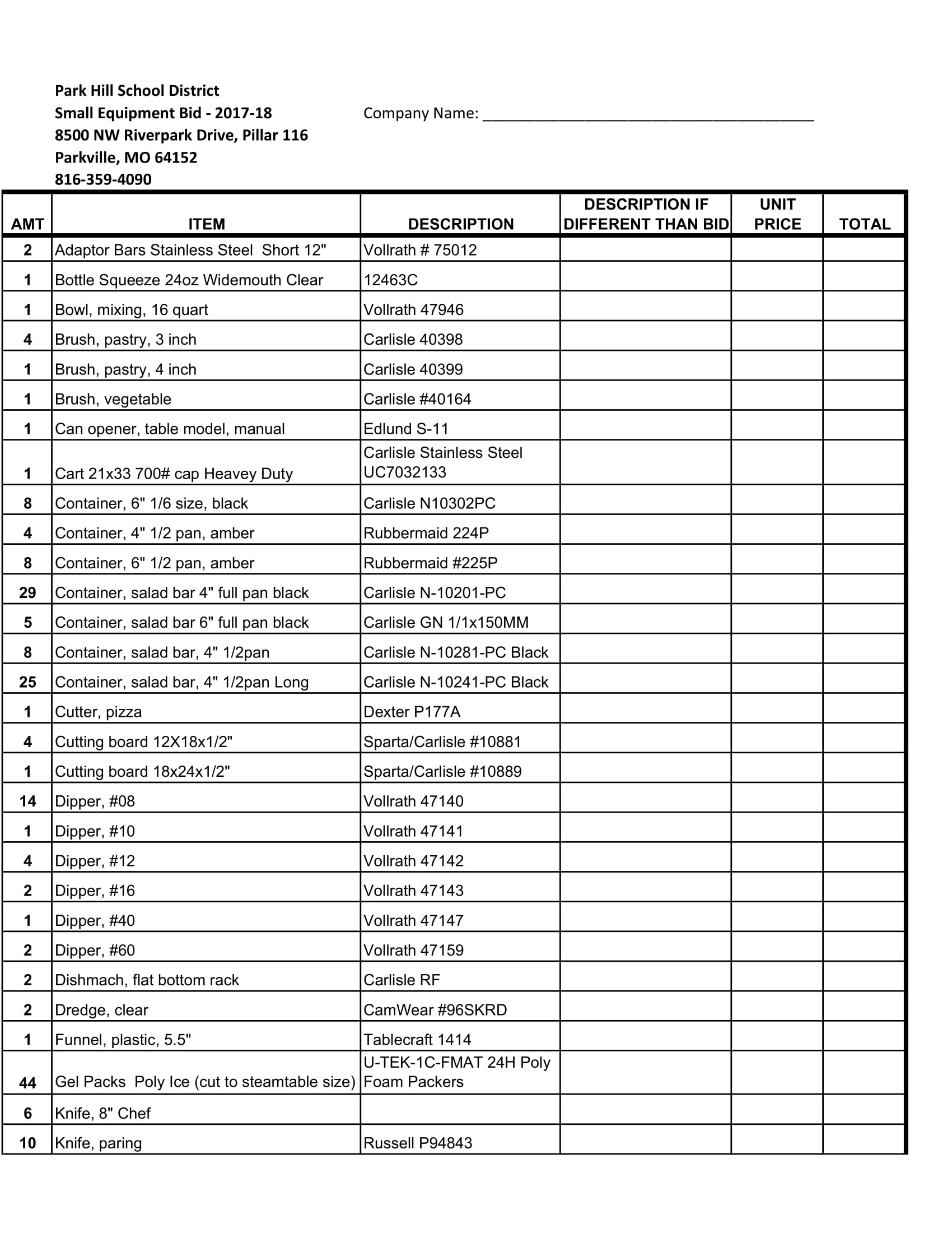 Small Equip Vendor Bid Form