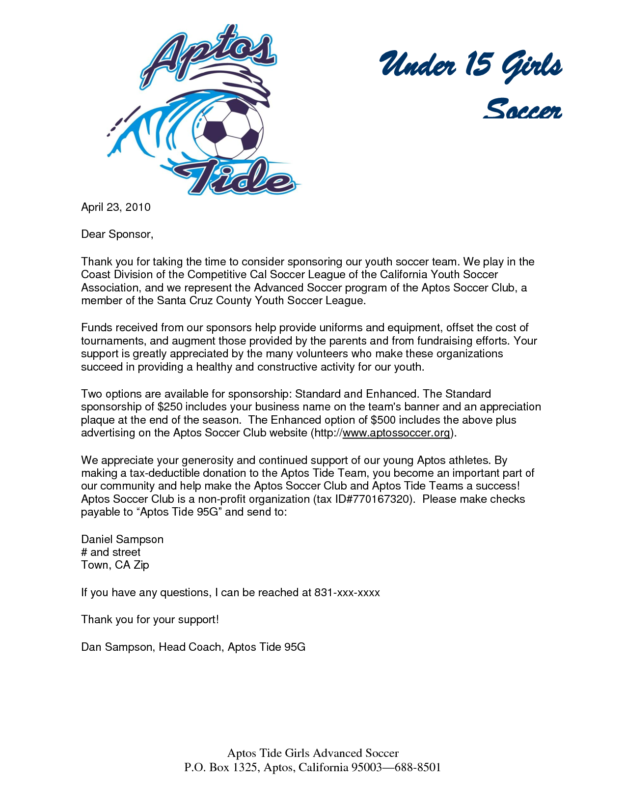 Athletic Sponsorship Donation Letter