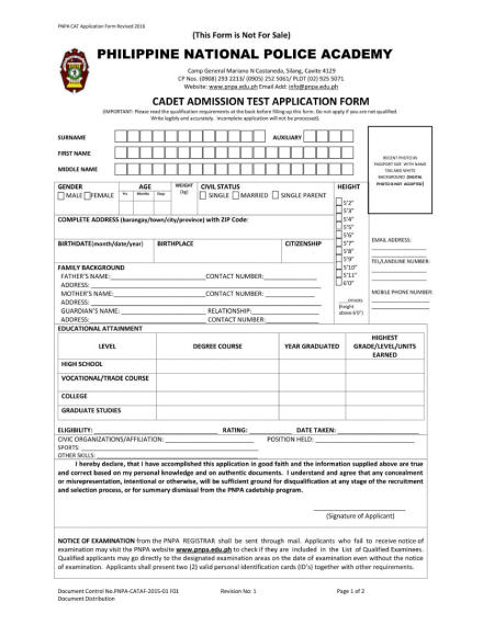cadet admission test application form