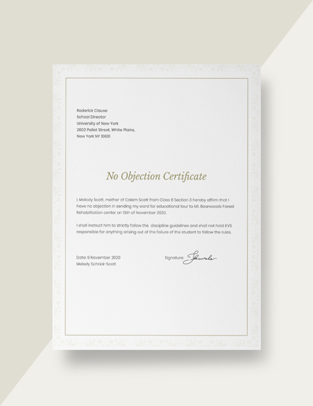 certificate no objection certificate for student sample