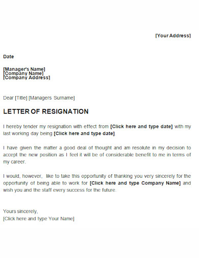 company manager resignation letter