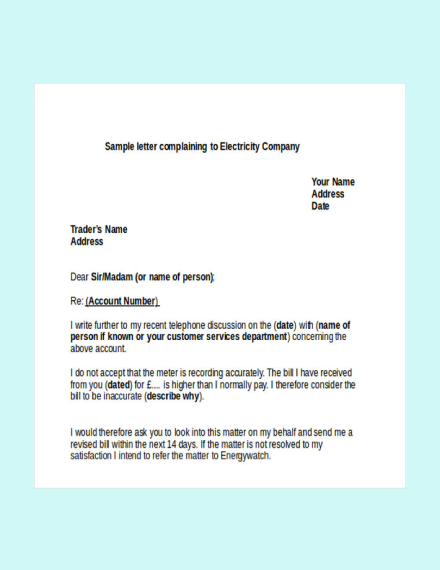 complaint letter to electricity company