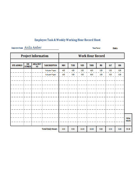 Employee Task and Weekly Working Hour Record Sheet
