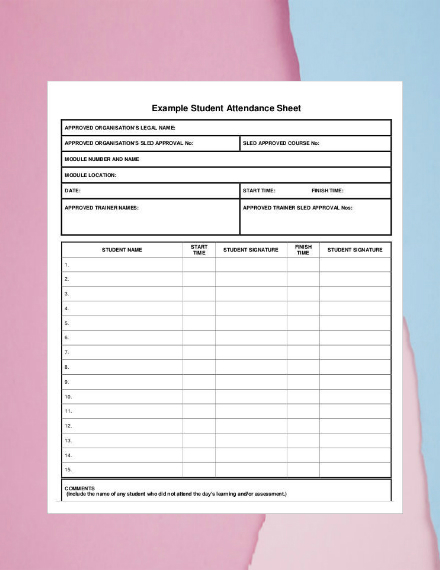 example student attendance sheet