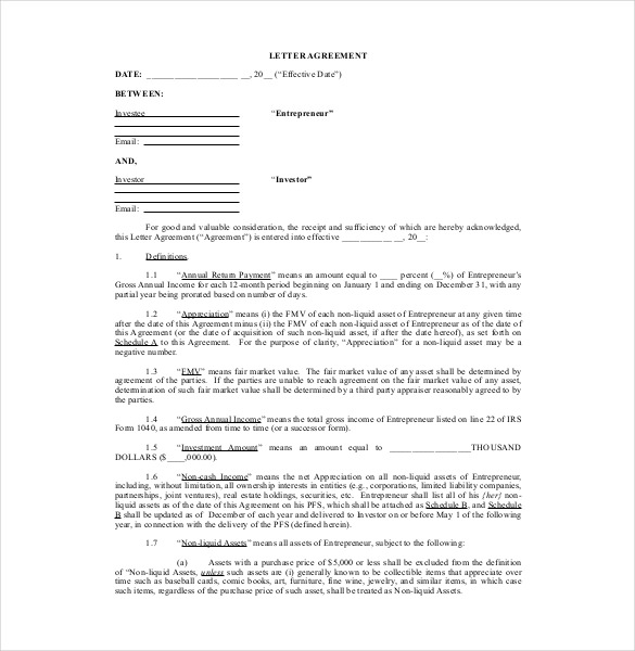 investment agreement letter example