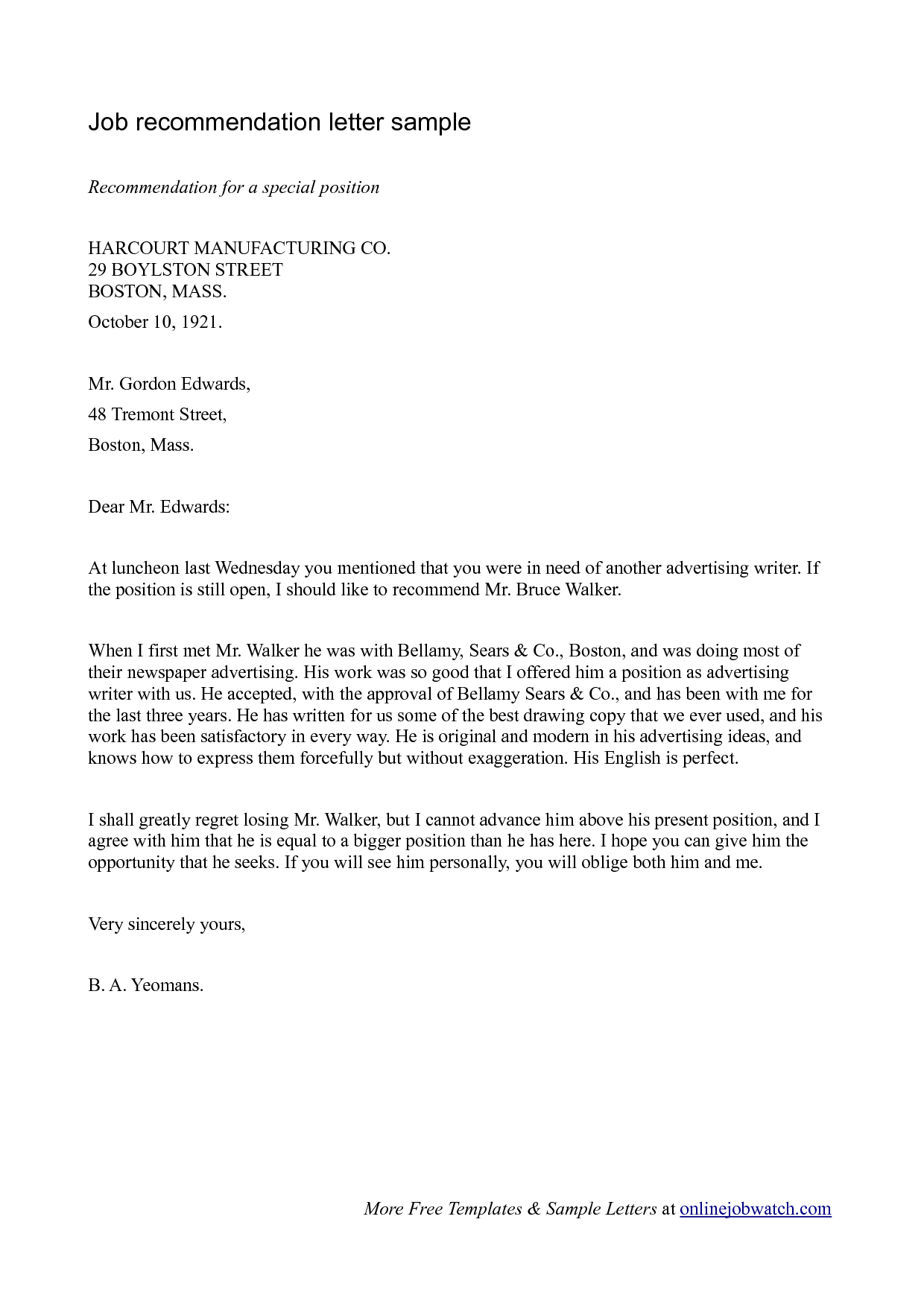Job recommendation letter format