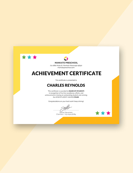Preschool Internship Achievement Certificate