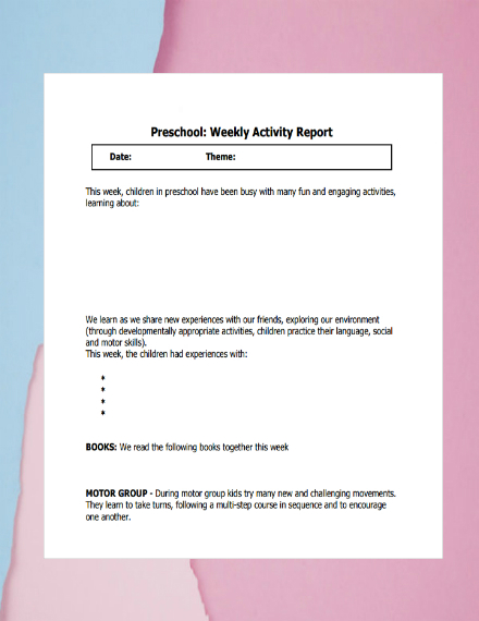 preschool weekly activity report
