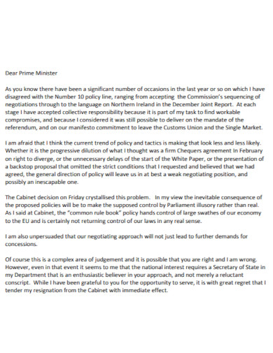 prime minister resignation letter