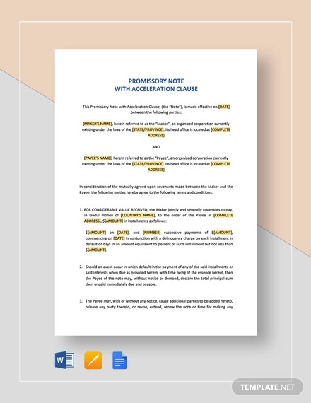 Promissory Note With Acceleration Clause Template