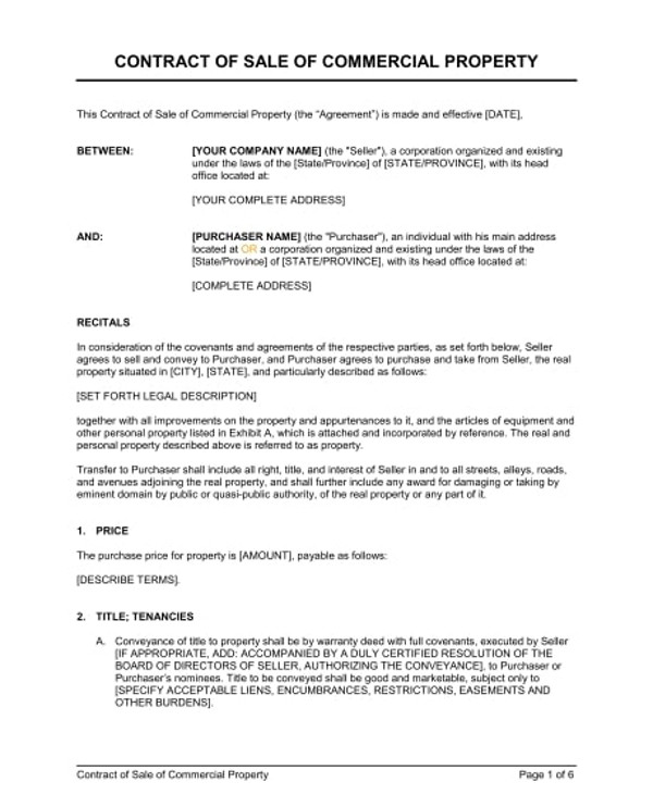 property for sale by owner contract template example1