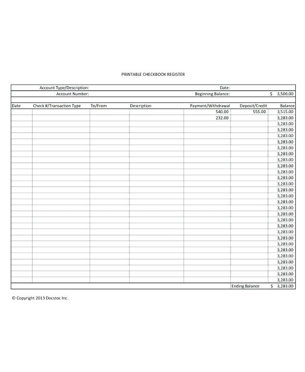 ready to print personal checkbook register example