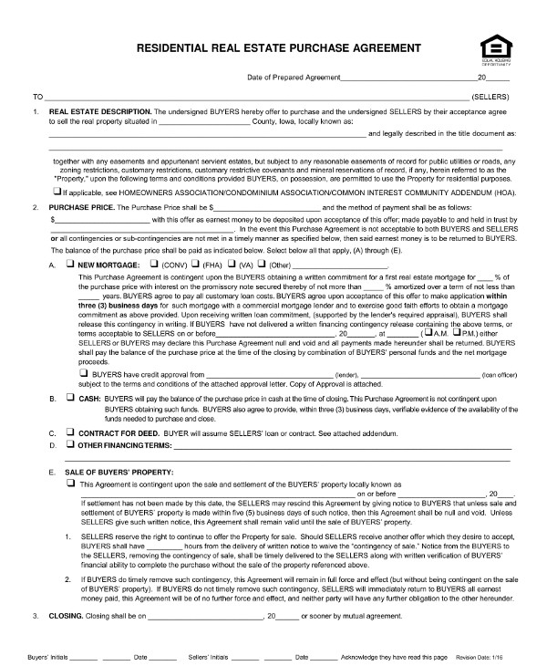 residential real estate purchase contract agreement example1