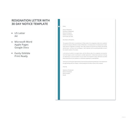 Resignation Letter With 30 Day Notice
