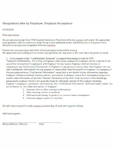 resignation letter by employee employer acceptance 