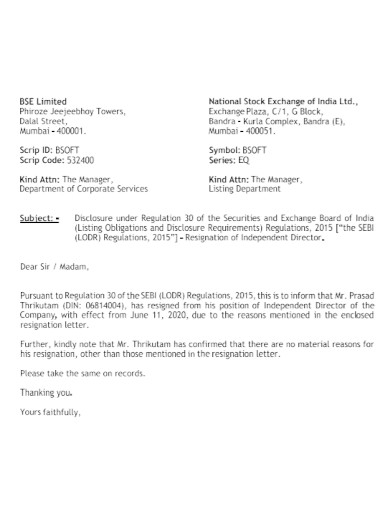 resignation letter of independent director