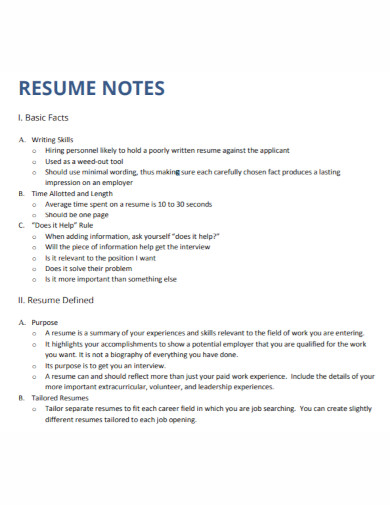 resume notes template