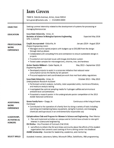 sample professional resume for biosystems engineer