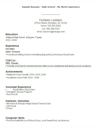 sample resume for high school