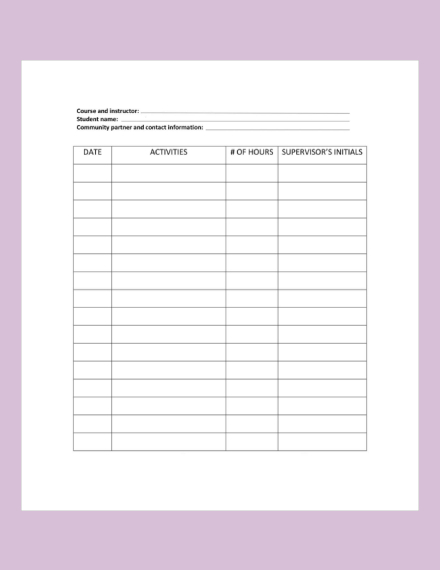 Service Learning Time Log Sheet