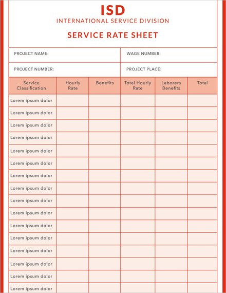service rate sheet