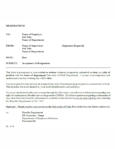 supervisor acceptance of resignation letter