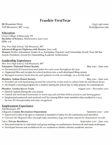 union college student resume