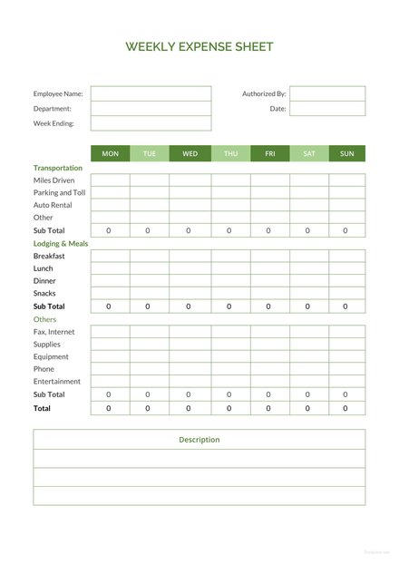 Weekly Expense Report Sheet Template