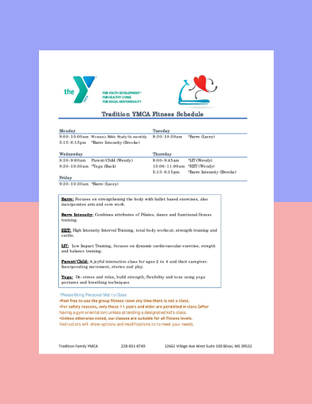 YMCA Fitness Workout Schedule