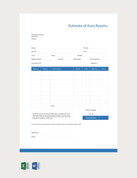 Auto Repair Estimate Sheet Template