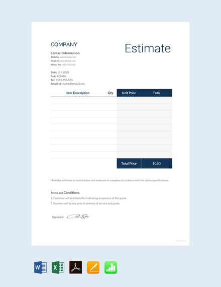 Blank Estimate Sheet Template