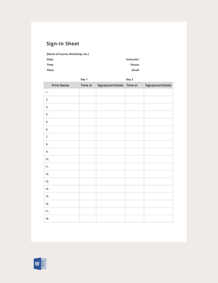 Blank Sign In Sheet Template