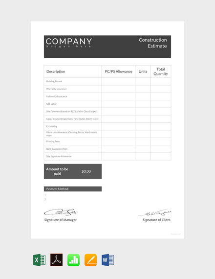 Construction Estimate Sheet Template