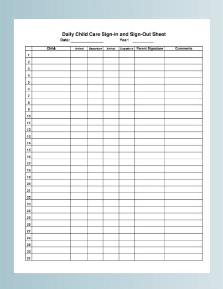 daily child care sign in and sign out sheet
