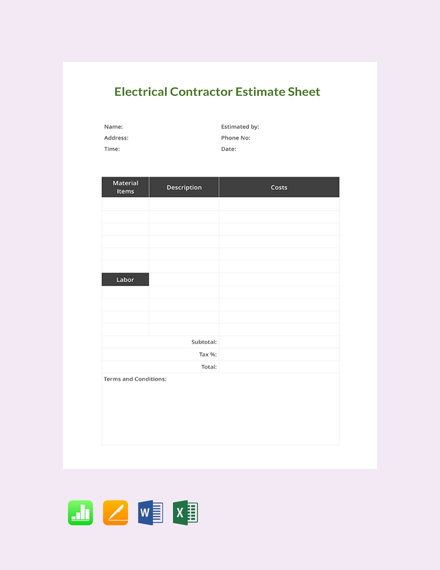 Electrical Contractor Estimate Sheet Template