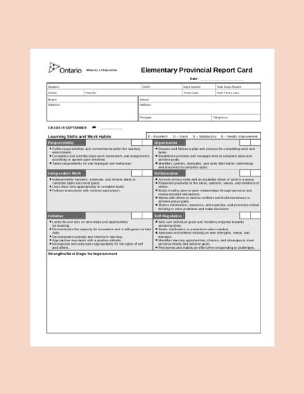 Elementary Provincial Report Card