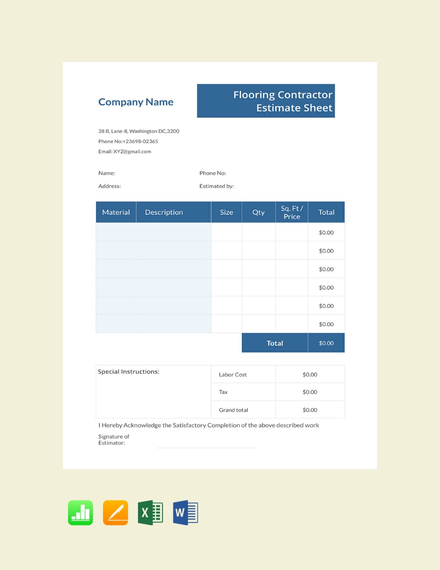 Flooring Contractor Estimate Sheet Template