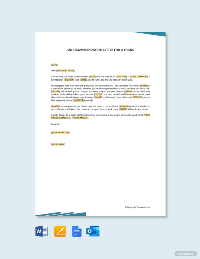 Free Job Recommendation Letter For a Friend Template