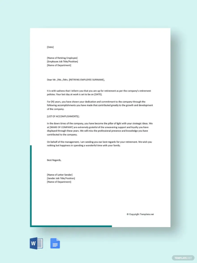 Free Retirement Letter to Employee From Employer Template