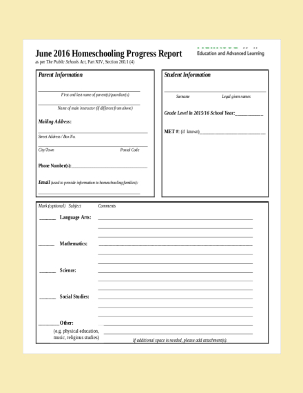 Homeschool Progress Report Card