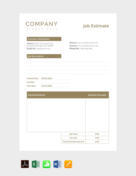 Job Estimate Sheet Template